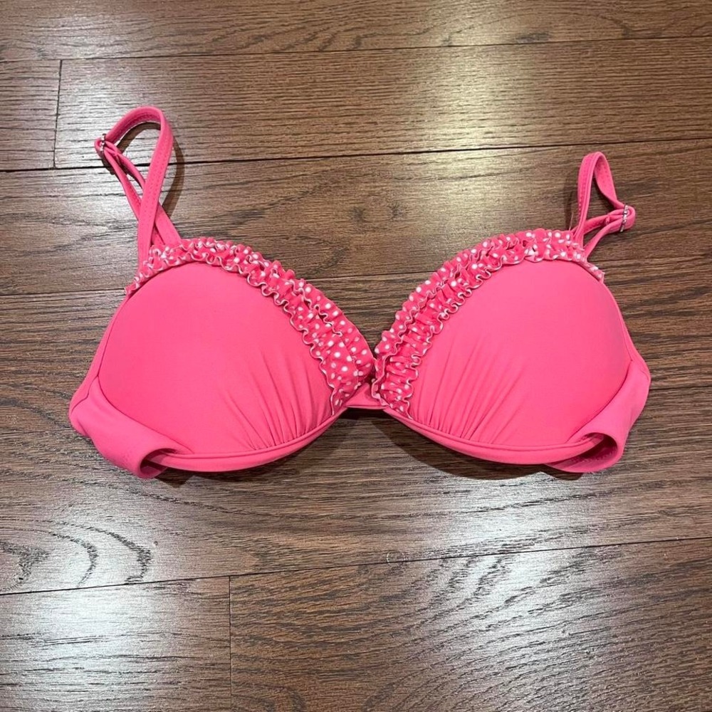 y2k pink polka dot ruffle trim push up bikini top b/c cup